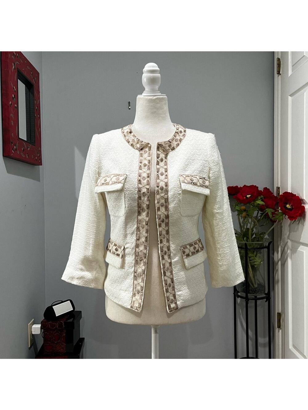 NEW Arden B Classic Tailored Organza Ribbon Beads Trim Contrast Pocket Jacket S